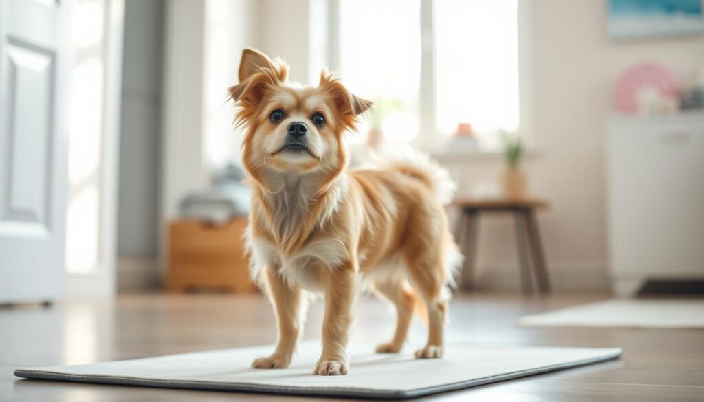 Cachorro usando o tapete higiênico