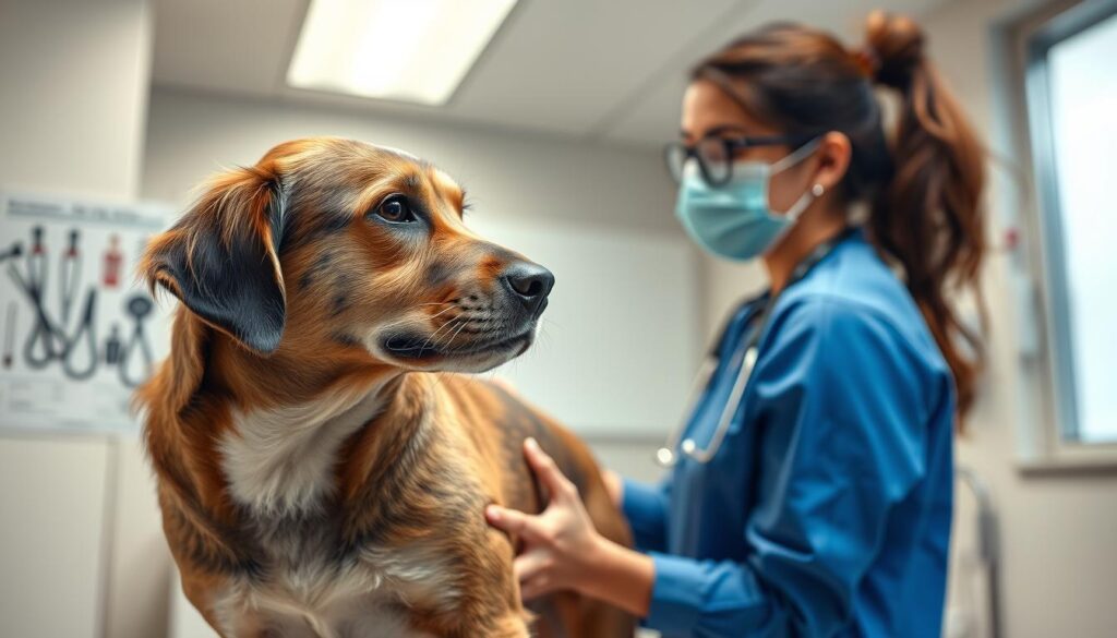 Dermatologista veterinário examinando o cão Dermatologista veterinário examinando o cão