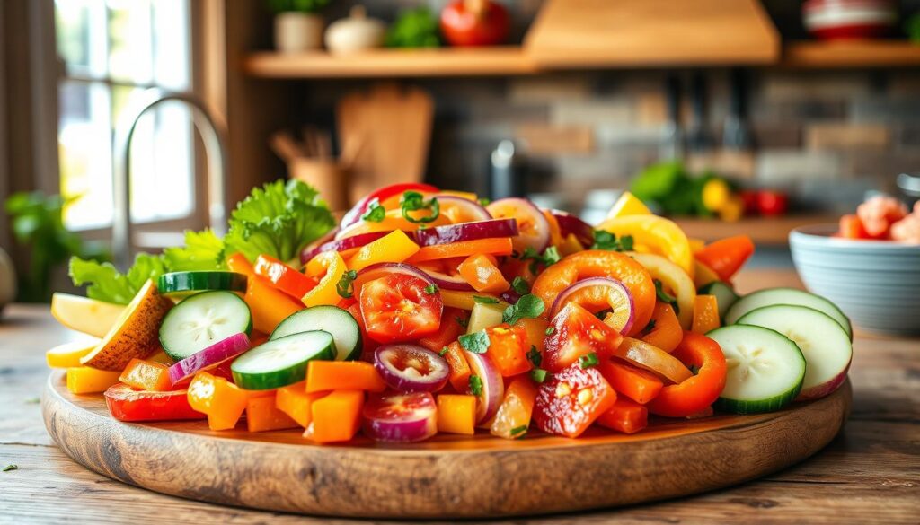 Petiscos de frutas, legumes e verduras