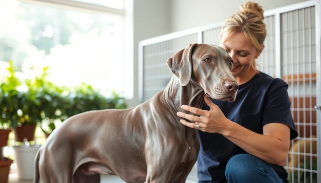 Weimaraner sendo cuidado por criador